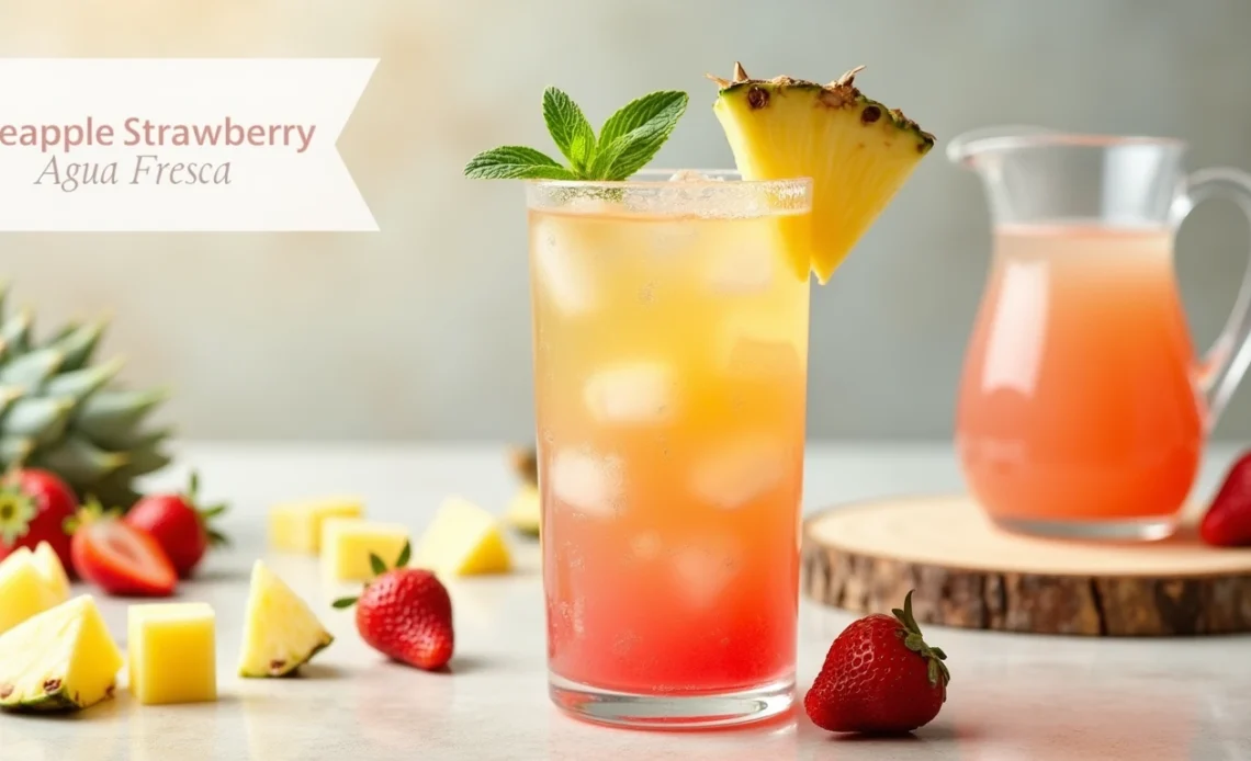 A refreshing glass of pineapple strawberry agua fresca, filled with ice and garnished with fresh fruit slices and mint.