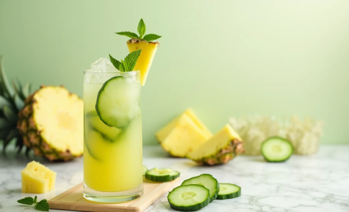 A refreshing glass of pineapple and cucumber juice garnished with a cucumber slice and a sprig of mint.