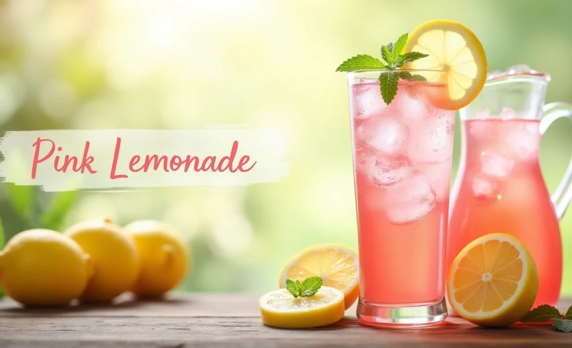 A tall glass of pink lemonade with ice, garnished with lemon slices and fresh berries, served with a straw on a sunny outdoor table.