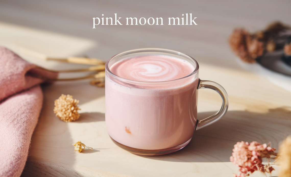 A cozy mug of creamy pink moon milk, garnished with dried rose petals and cinnamon, set against a calming background.