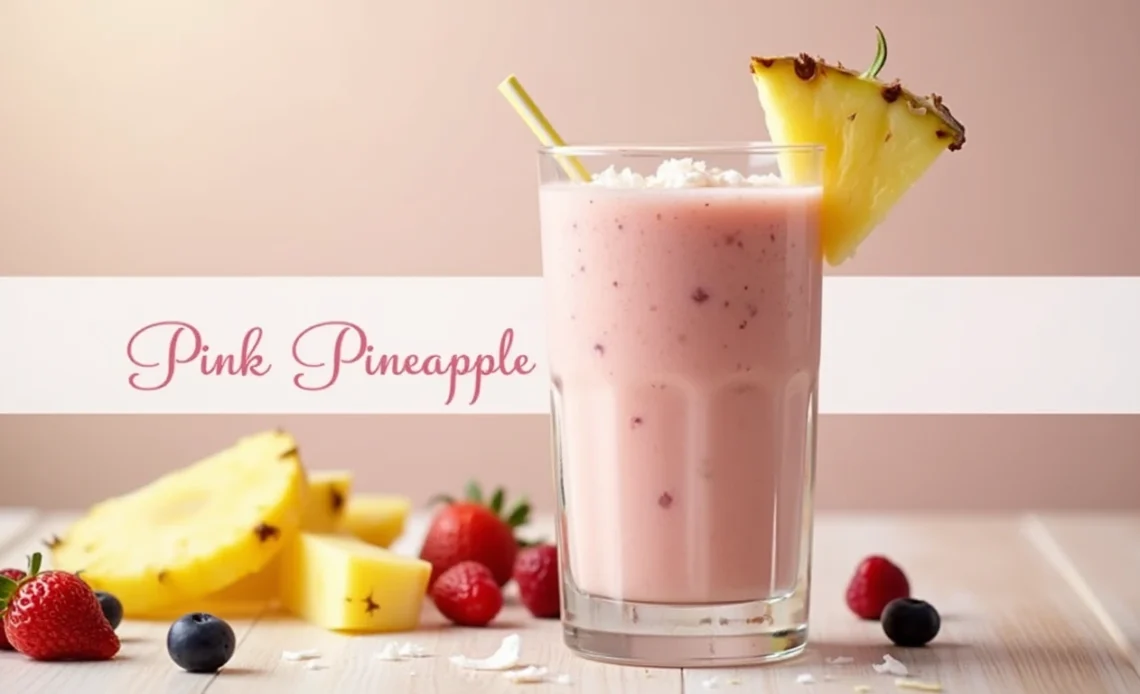 A refreshing pink pineapple smoothie in a glass, garnished with pineapple slices and a sprig of mint.