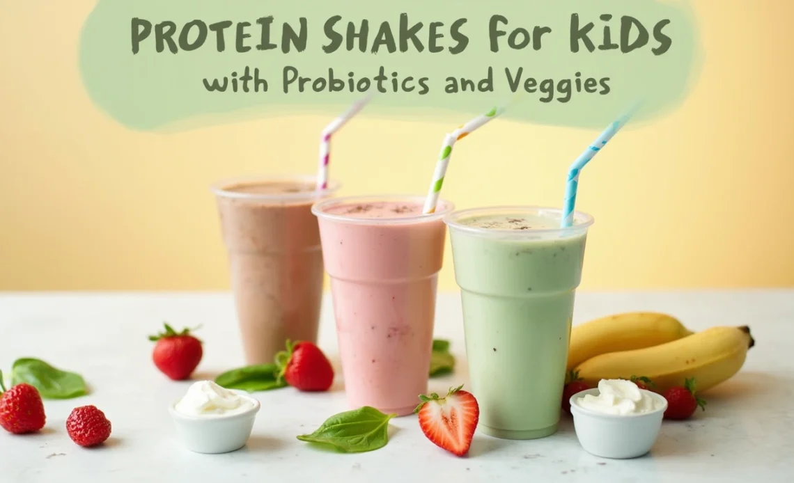 A creamy protein shake in a glass, garnished with fresh fruit and a straw, surrounded by ingredients like bananas, spinach, and yogurt.