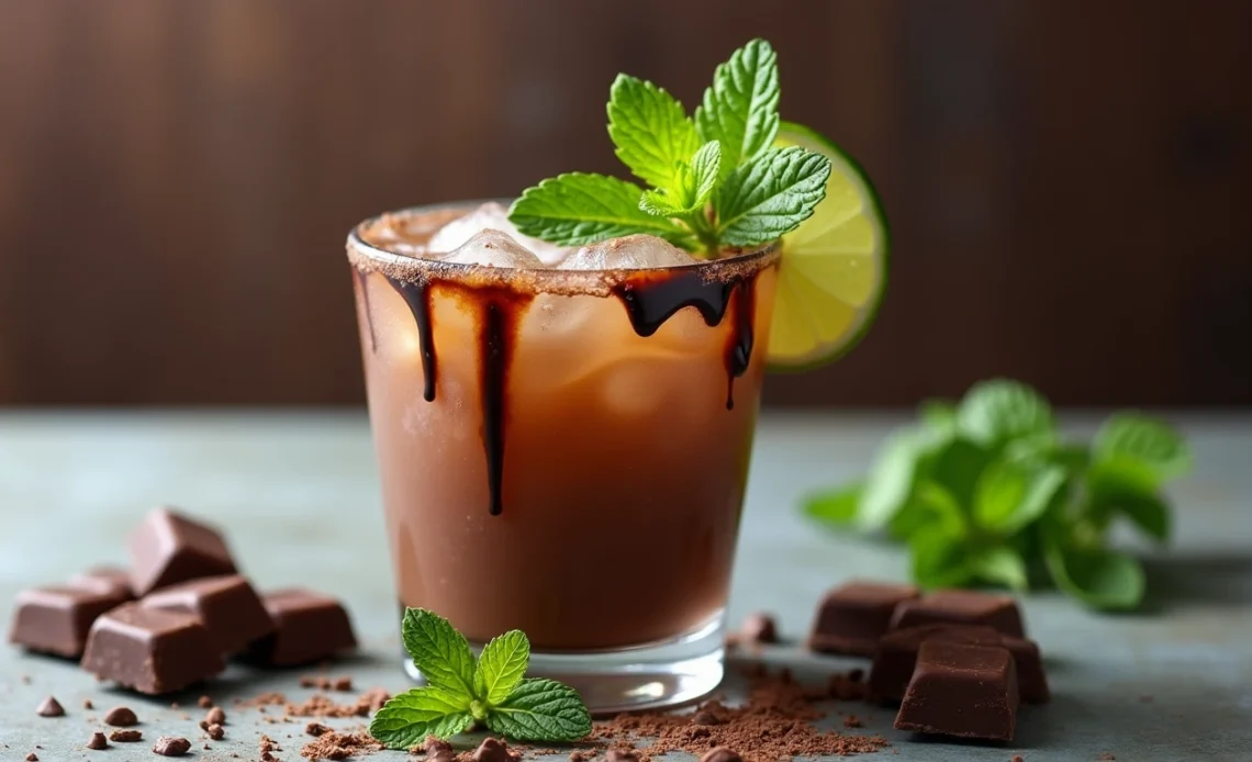 A vibrant Pulse Chocolate Mojito in a glass, garnished with mint leaves, chocolate shavings, and a lime wedge, served with a straw.