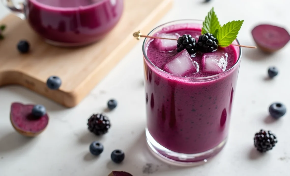 A glass of vibrant purple juice surrounded by fresh ingredients like beets, blueberries, and grapes, showcasing its rich color and health benefits.