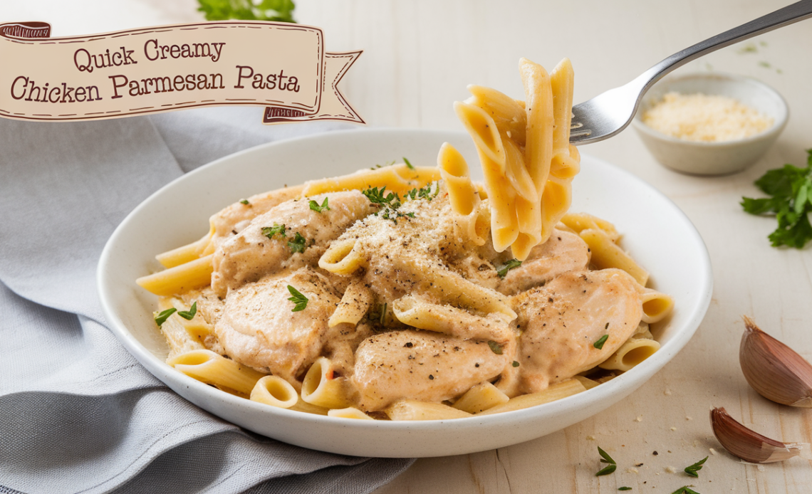 A bowl of creamy garlic parmesan chicken pasta garnished with fresh parsley and grated cheese.