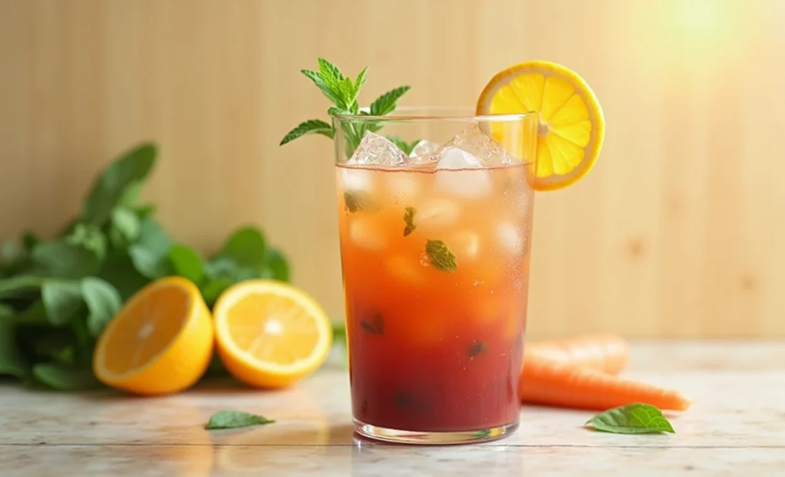 A glass of vibrant, refreshing energy-boosting juice made with citrus, greens, and ginger, placed on a wooden table with fresh ingredients surrounding it.