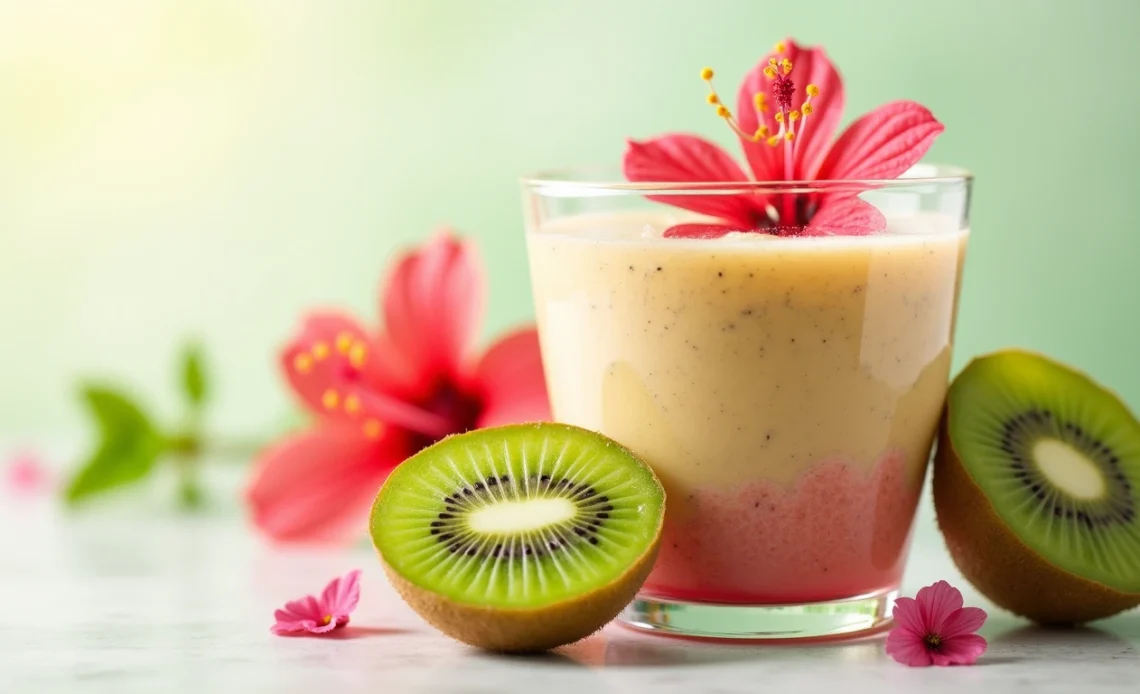 A refreshing kiwi hibiscus tea smoothie in a glass, garnished with a slice of kiwi and a sprig of mint, placed on a wooden table.
