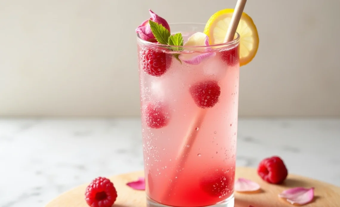 A glass of sparkling raspberry rose soda with fresh raspberries and rose petals garnished with a slice of lemon.