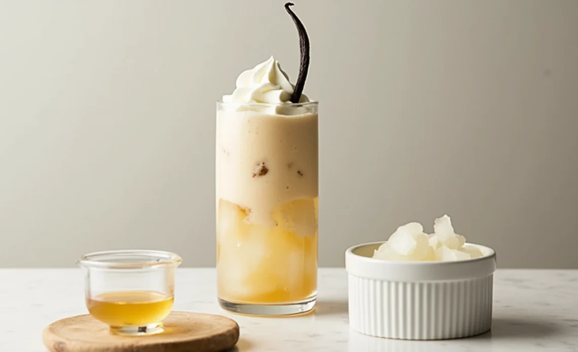 A tall glass of creamy vanilla Italian soda topped with whipped cream and a cherry, served with a straw on a wooden table.