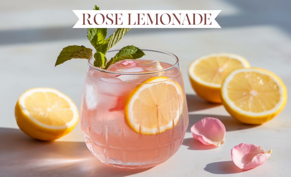 A glass of rose lemonade with ice, garnished with lemon slices and edible rose petals, served with a straw.