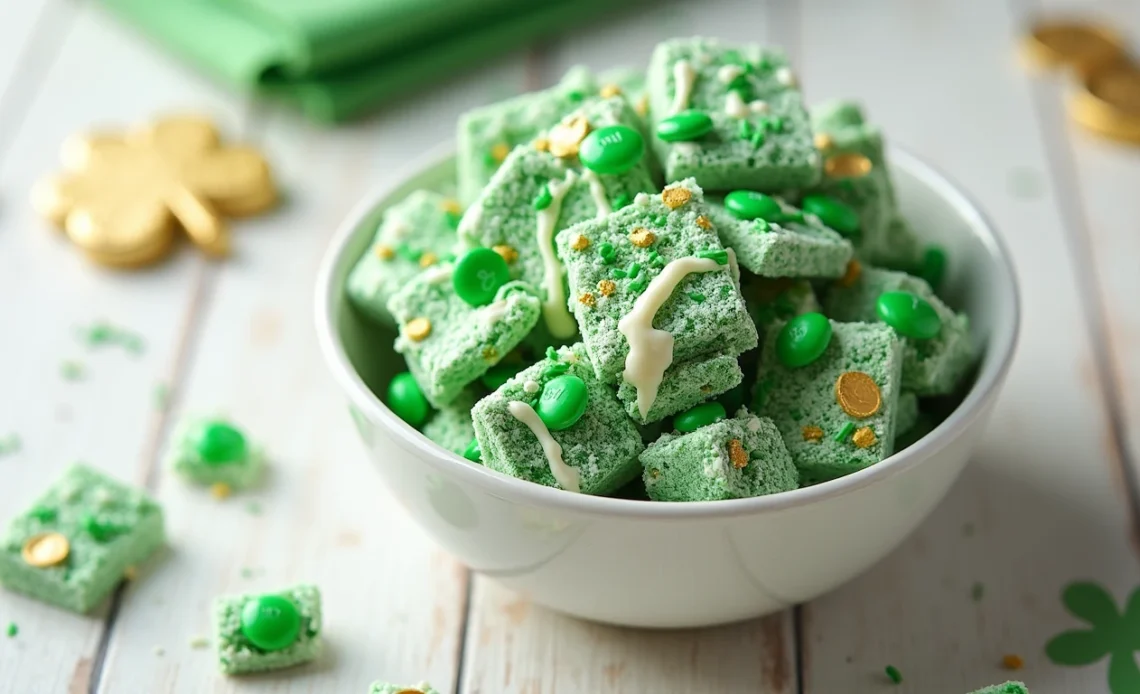 A festive bowl of green and white Saint Patrick's Day puppy chow, coated in powdered sugar and decorated with sprinkles.