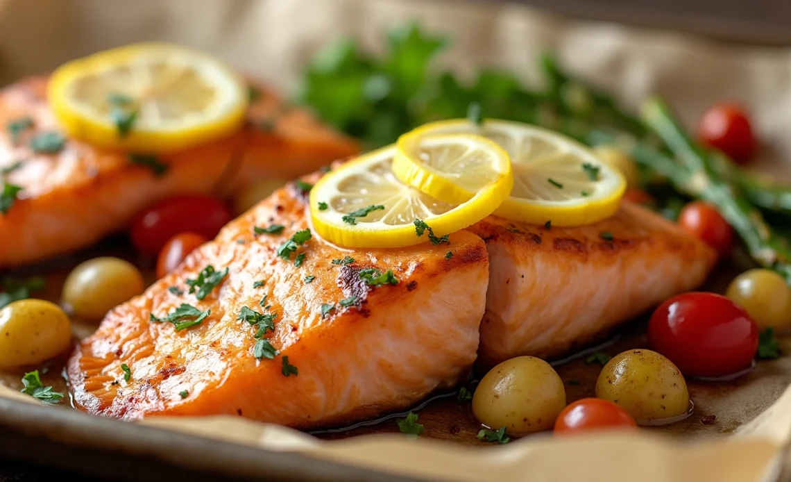 Freshly baked sheet pan lemon garlic butter salmon with roasted asparagus and cherry tomatoes, garnished with lemon slices and fresh parsley.