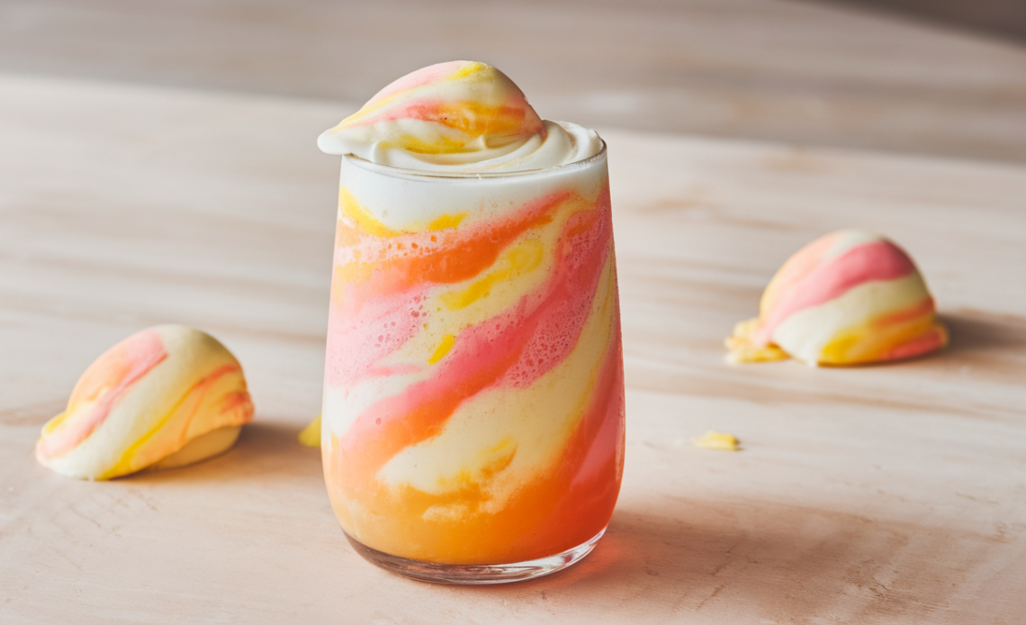 A colorful glass of Sherbet Swizzle, a fruity and fizzy beverage with swirls of vibrant sherbet, garnished with fresh fruit and a straw.