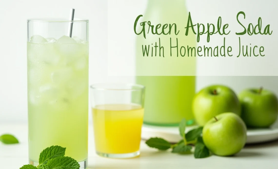 A refreshing glass of green apple soda made with homemade juice, garnished with fresh apple slices and mint, served over ice.