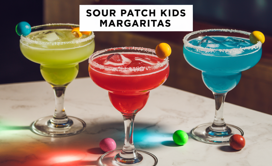 A vibrant glass of Sour Patch Kids Margarita with a sugar-rimmed edge, garnished with colorful Sour Patch Kids candies and a lime wedge.