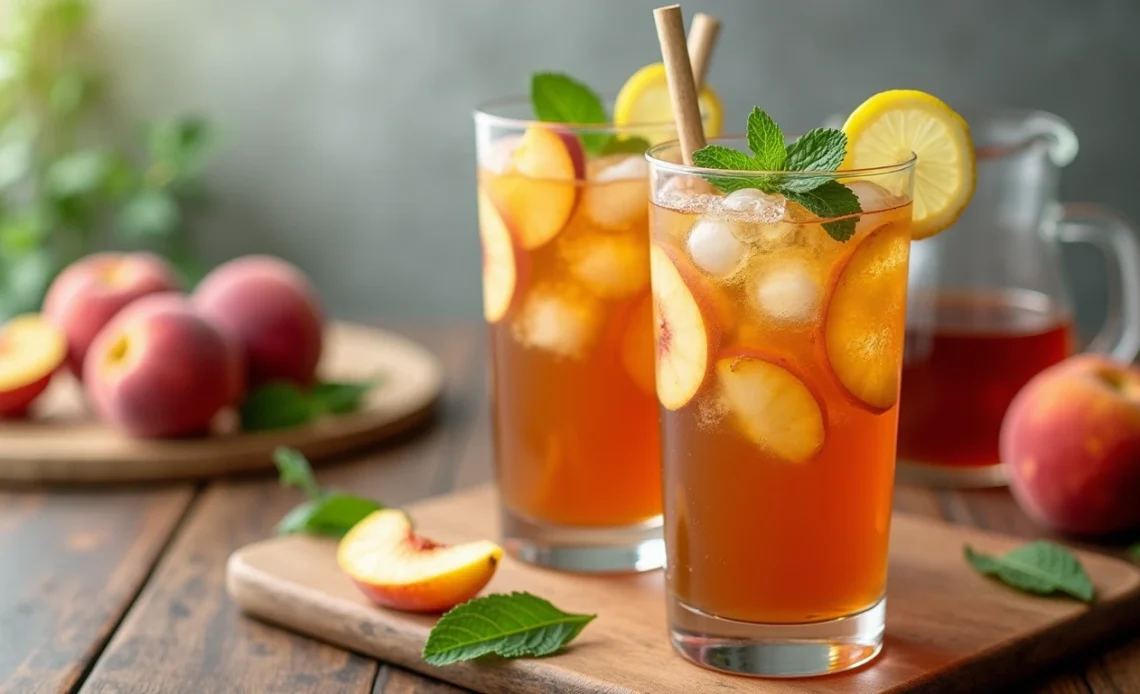 A refreshing glass of homemade Southern fresh peach sweet tea, garnished with peach slices and fresh mint, served over ice.