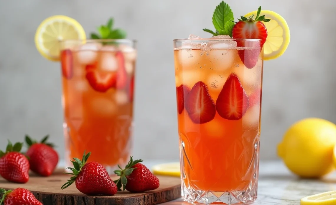 A tall glass of Southern strawberry sweet tea garnished with fresh strawberries and mint leaves, served over ice.