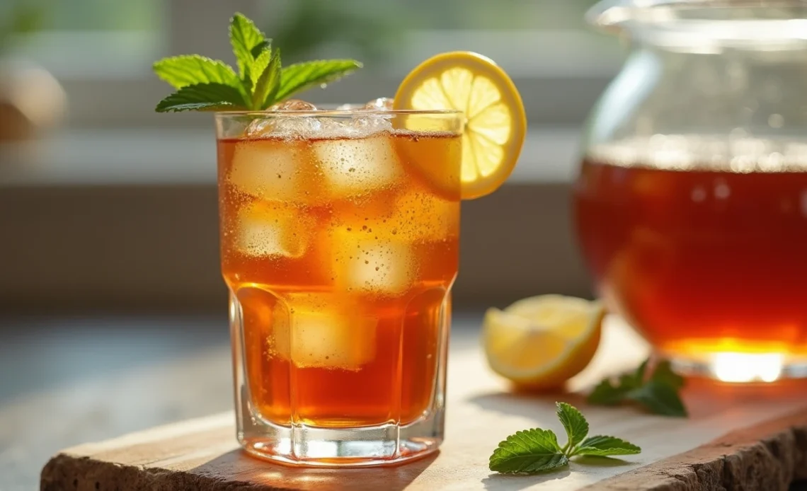 A refreshing glass of Southern sweet tea filled with ice cubes and garnished with a lemon slice and fresh mint.