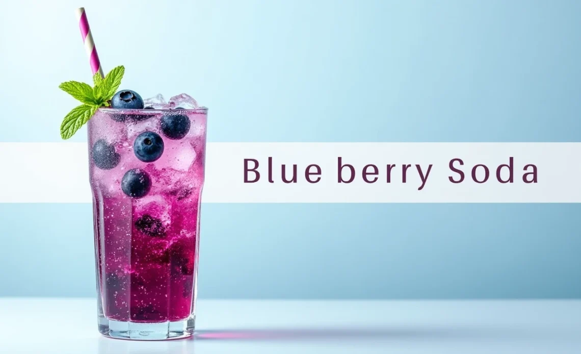 A refreshing glass of sparkling blueberry soda with ice, garnished with fresh blueberries and a sprig of mint, served with a straw.