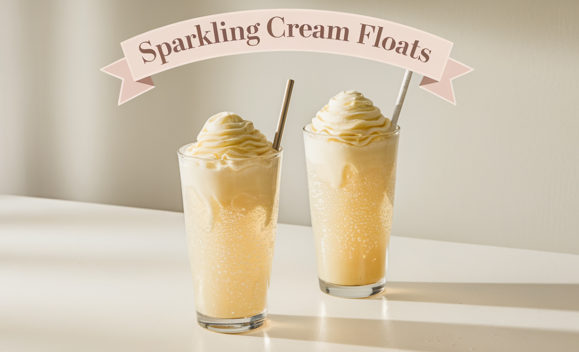 A refreshing glass of sparkling cream float with a scoop of vanilla ice cream, topped with fizzy soda and garnished with a cherry.