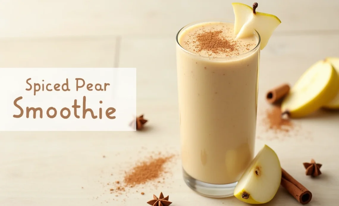 A creamy spiced pear smoothie served in a glass, garnished with a cinnamon stick and a slice of pear on the rim.
