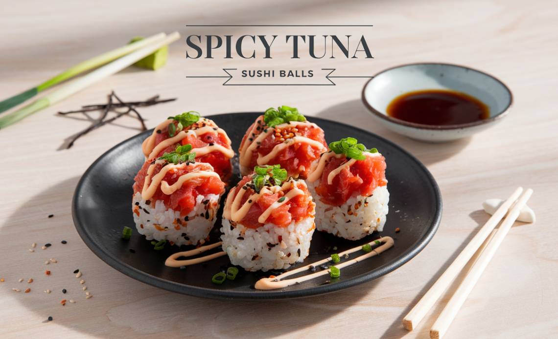 Close-up of spicy tuna sushi balls garnished with sesame seeds, green onions, and a drizzle of spicy mayo, served on a ceramic plate.