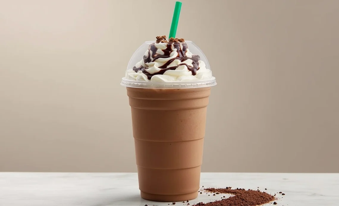 A tall Starbucks-style Chewbacca Frappuccino topped with whipped cream, chocolate drizzle, and cookie crumbles, served in a clear cup with a straw.