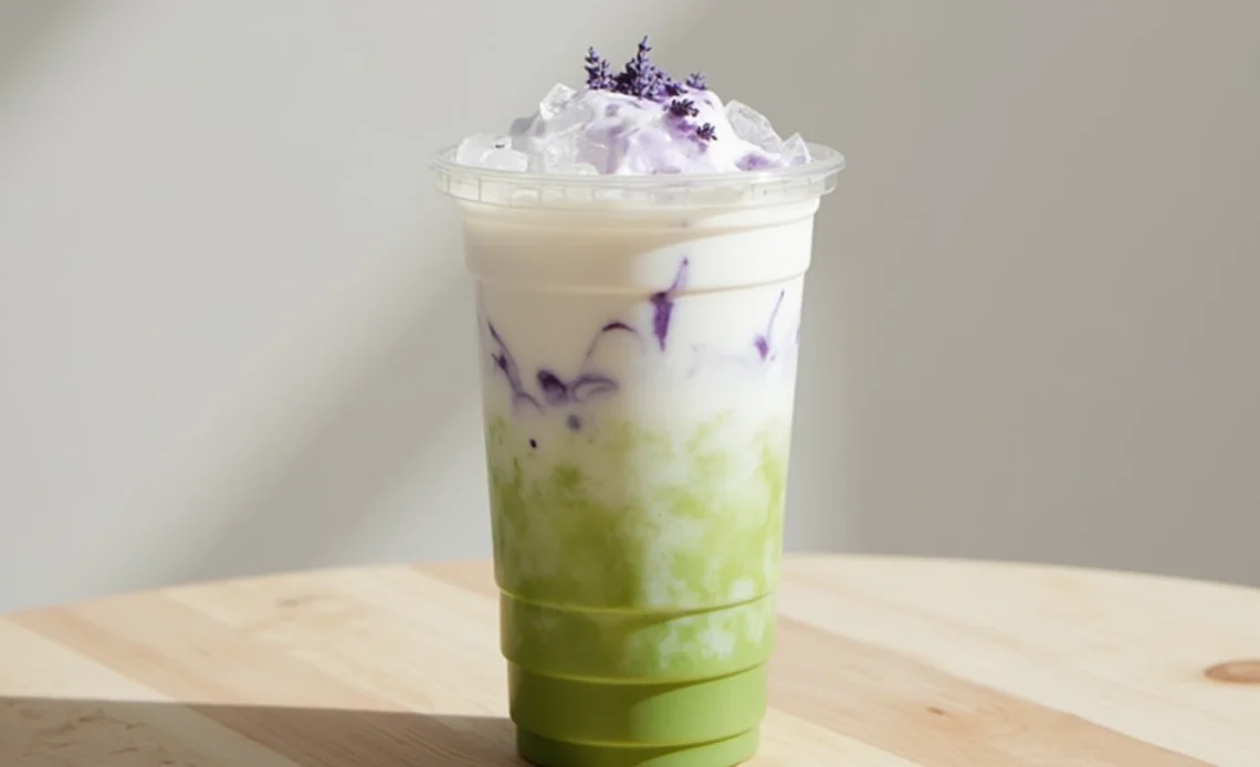 A tall glass of Starbucks Iced Lavender Cream Oatmilk Matcha, showcasing its vibrant green matcha base topped with a layer of creamy lavender-infused foam.
