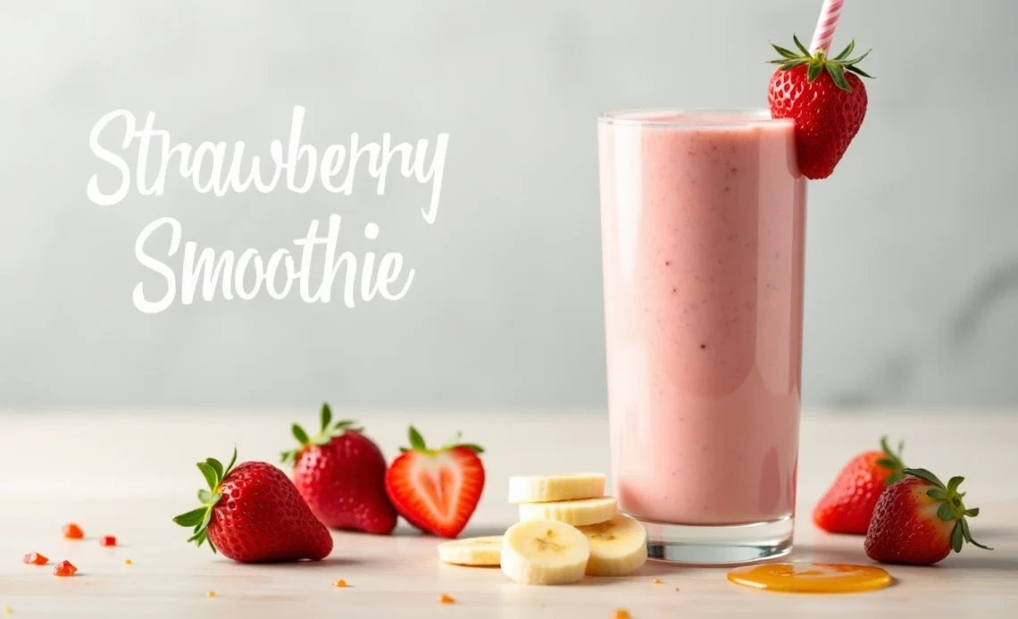 A refreshing strawberry banana smoothie in a glass, garnished with fresh strawberry slices and a banana slice on top.