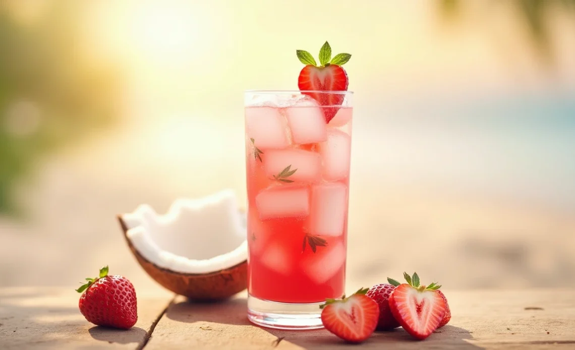 A refreshing glass of strawberry coconut refresher garnished with fresh strawberries and a slice of lime, served with ice.