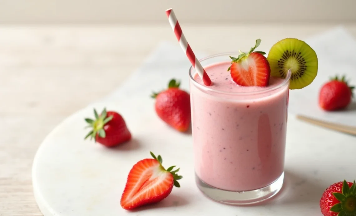 A refreshing glass of strawberry kiwi smoothie with a bright pink hue, garnished with slices of fresh strawberries and kiwi.