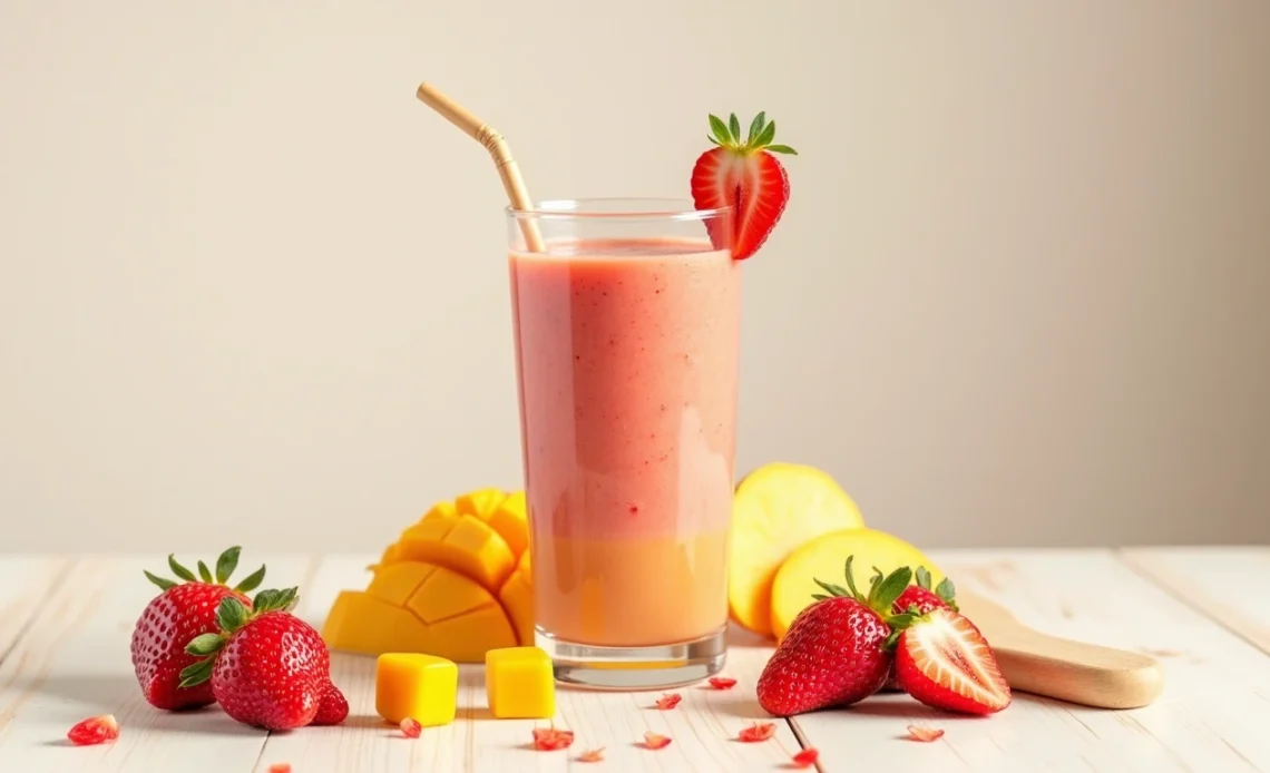 A refreshing glass of strawberry mango smoothie, garnished with a slice of mango and a strawberry, with a colorful swirl of fruit blend.