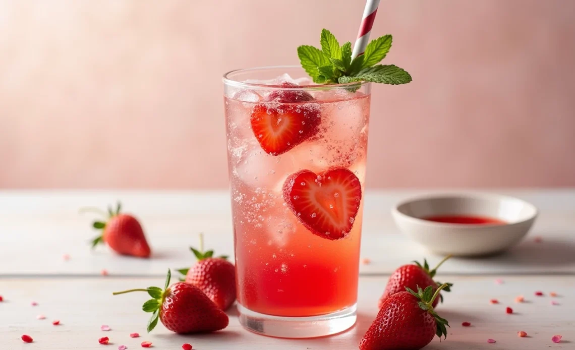 A refreshing glass of homemade strawberry soda with ice cubes, garnished with fresh strawberry slices and a sprig of mint.