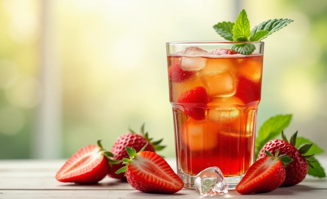 A glass of refreshing strawberry sweet tea, garnished with fresh strawberry slices and mint leaves, served with ice.