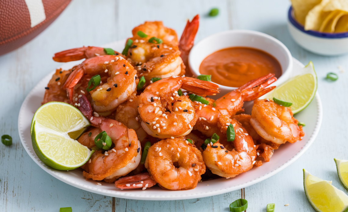 Crispy sweet chili fried shrimp served with a side of tangy dipping sauce, the perfect Super Bowl appetizer.