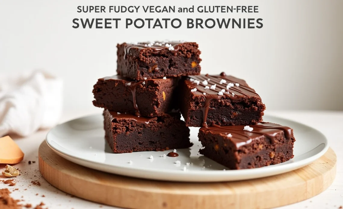 A stack of super fudgy vegan and gluten-free sweet potato brownies with a rich, chocolatey texture, topped with a drizzle of melted dark chocolate.