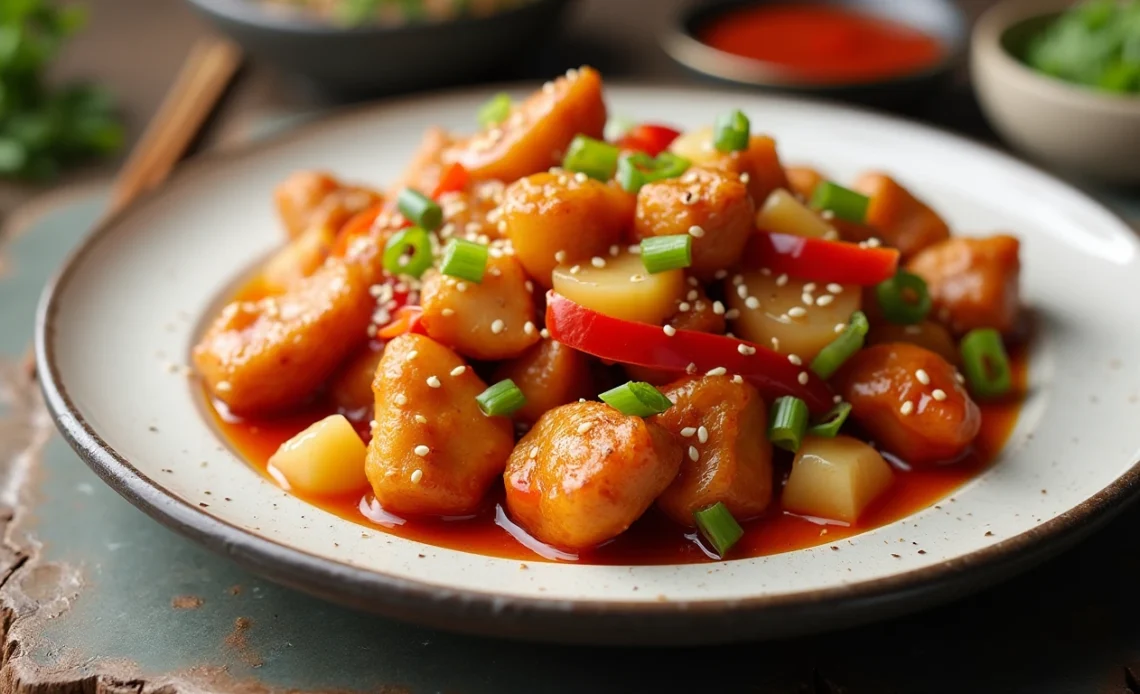 A plate of crispy sweet and sour chicken coated in a glossy, tangy sauce with bell peppers and pineapple, served over fluffy white rice.