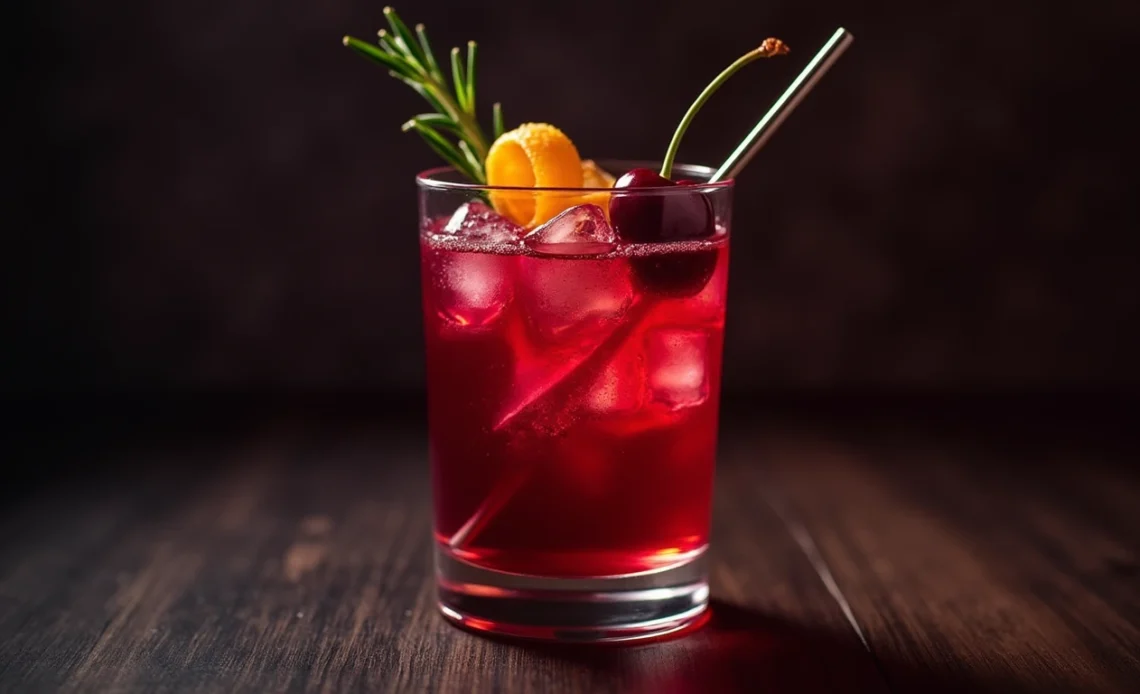 A refreshing Midnight Tart Cherry Mocktail served in a glass with ice, garnished with fresh cherries and a sprig of rosemary.