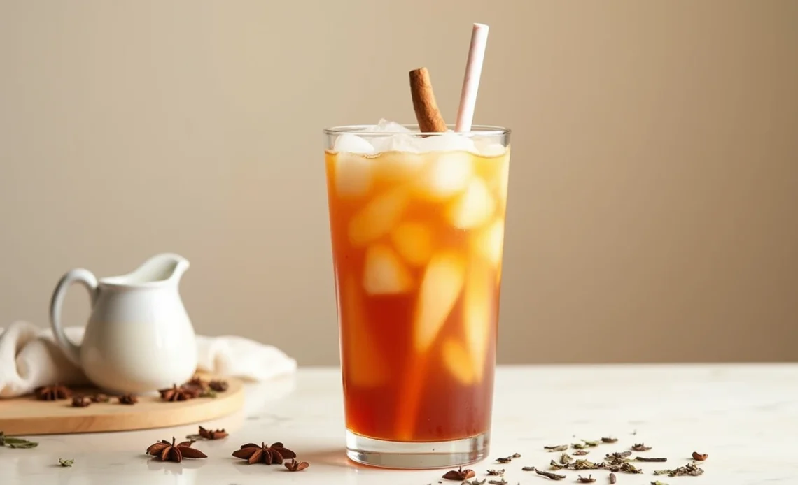 A tall glass of creamy Thai iced tea with a swirl of sweetened condensed milk, served over ice with a straw.