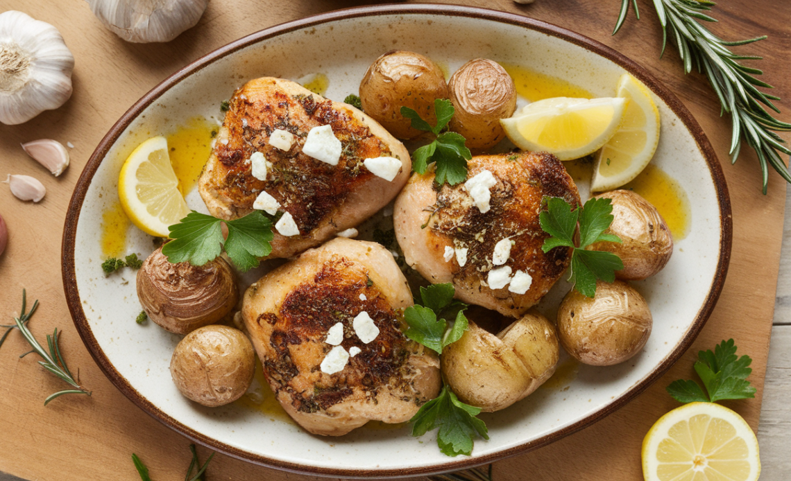 A golden-brown roasted Greek chicken thigh with crispy skin, served alongside seasoned potatoes garnished with fresh herbs and lemon wedges.