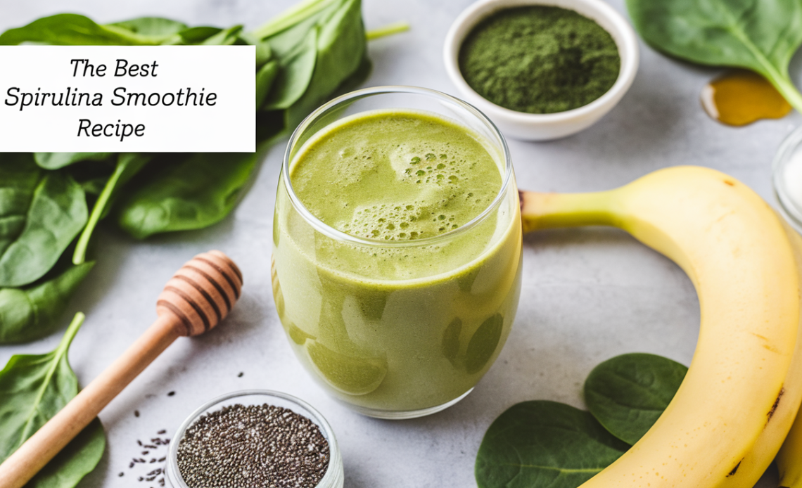 A vibrant green spirulina smoothie served in a glass, topped with fresh fruit and chia seeds, with a straw for sipping.