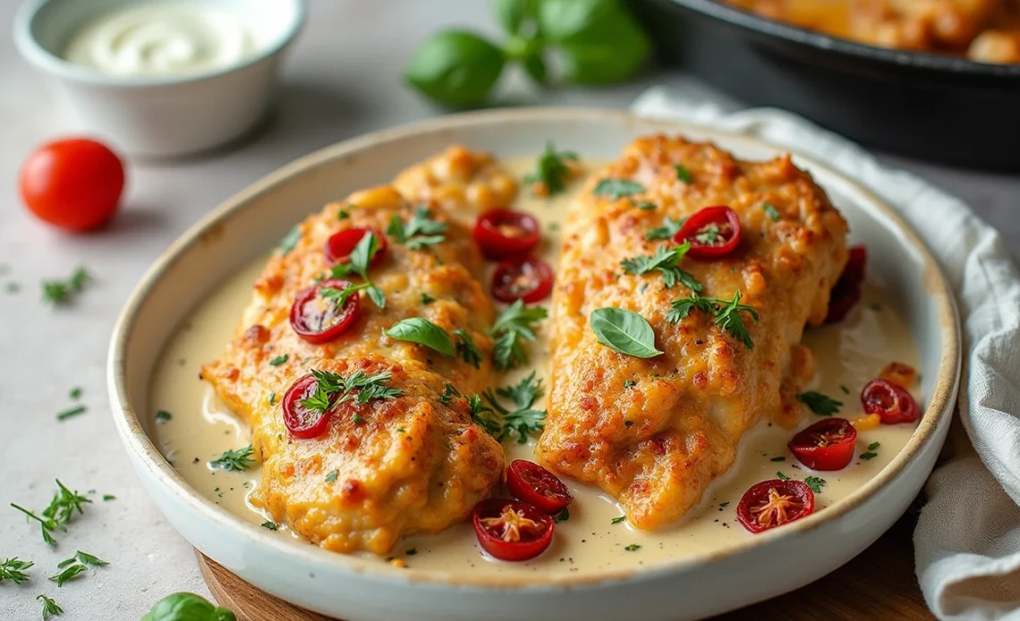 A creamy chicken dish with sun-dried tomatoes, garnished with fresh herbs, served in a skillet—perfect for a low-carb meal.