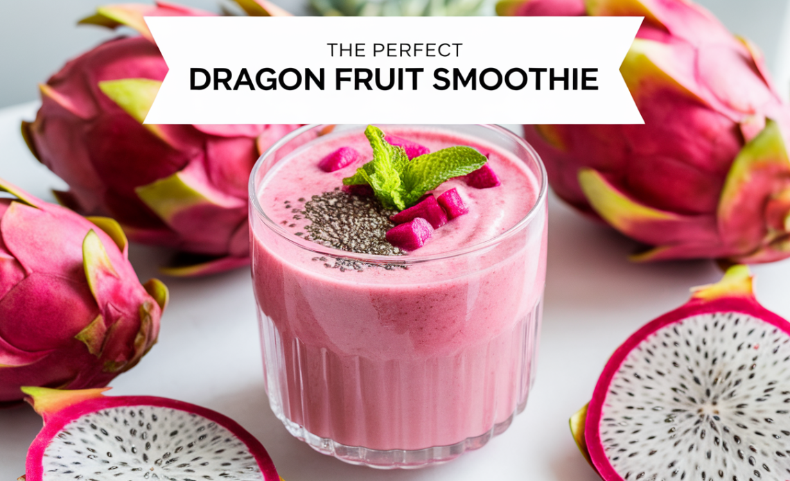 A vibrant pink dragon fruit smoothie served in a tall glass, garnished with fresh dragon fruit slices and a sprinkle of chia seeds.