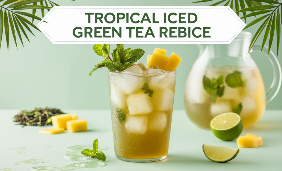 A refreshing glass of tropical iced green tea with ice cubes, garnished with fresh pineapple slices and mint leaves, served with a straw.