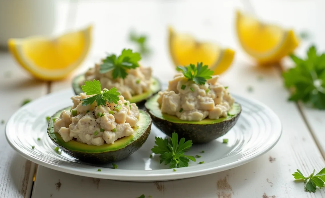 Close-up of tuna-stuffed avocado halves garnished with fresh herbs and cherry tomatoes, served on a white plate.