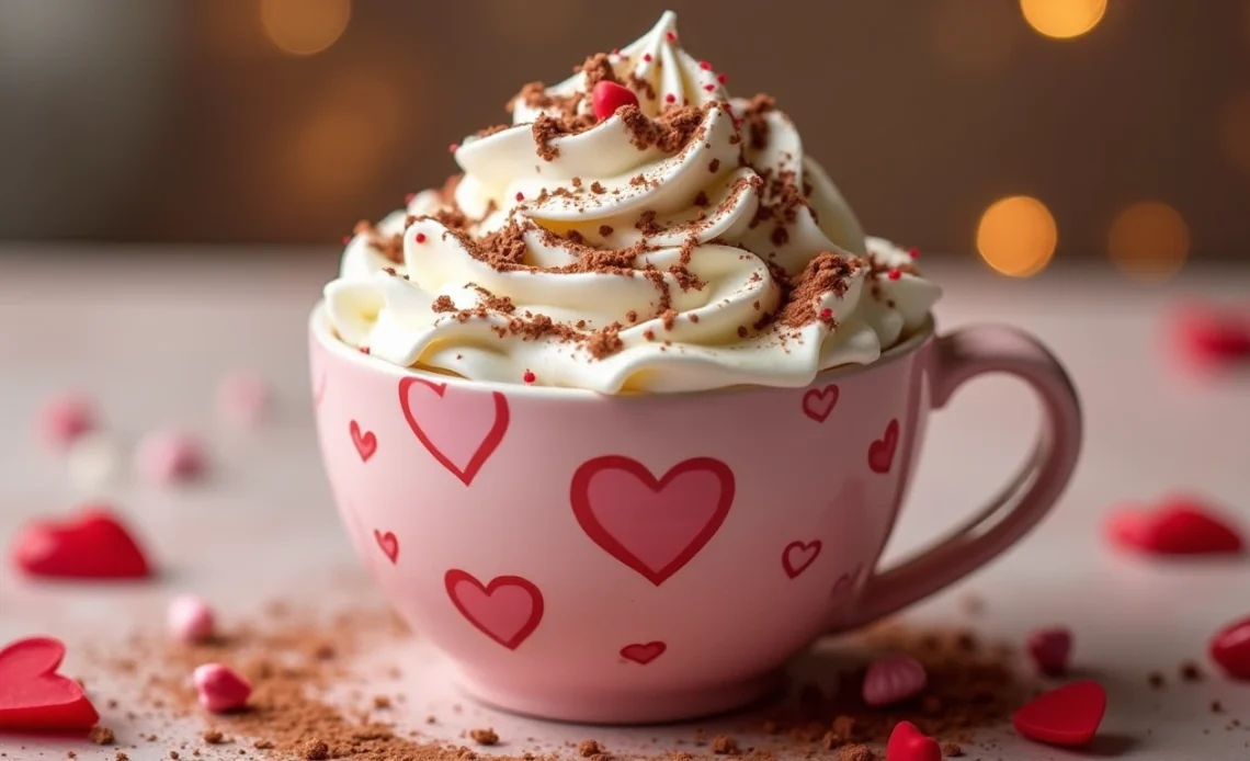 A festive Valentine's coffee drink topped with whipped cream, pink sprinkles, and a heart-shaped straw, served in a Starbucks-style cup