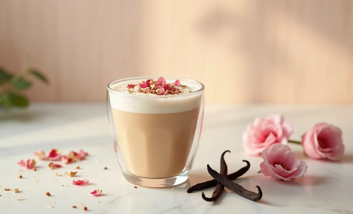 A delicate vanilla rose tea latte in a glass cup, topped with frothy milk and garnished with rose petals, set against a soft pastel background.