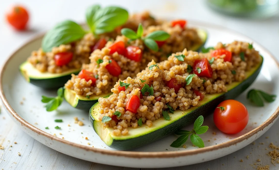 Freshly baked vegan stuffed zucchini boats filled with a savory mixture of quinoa, vegetables, and herbs, garnished with fresh parsley.