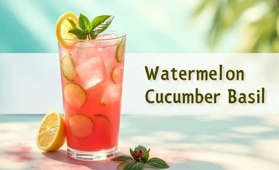 A refreshing glass of watermelon cucumber basil lemonade, filled with ice and garnished with fresh basil leaves, cucumber slices, and a lemon wedge.