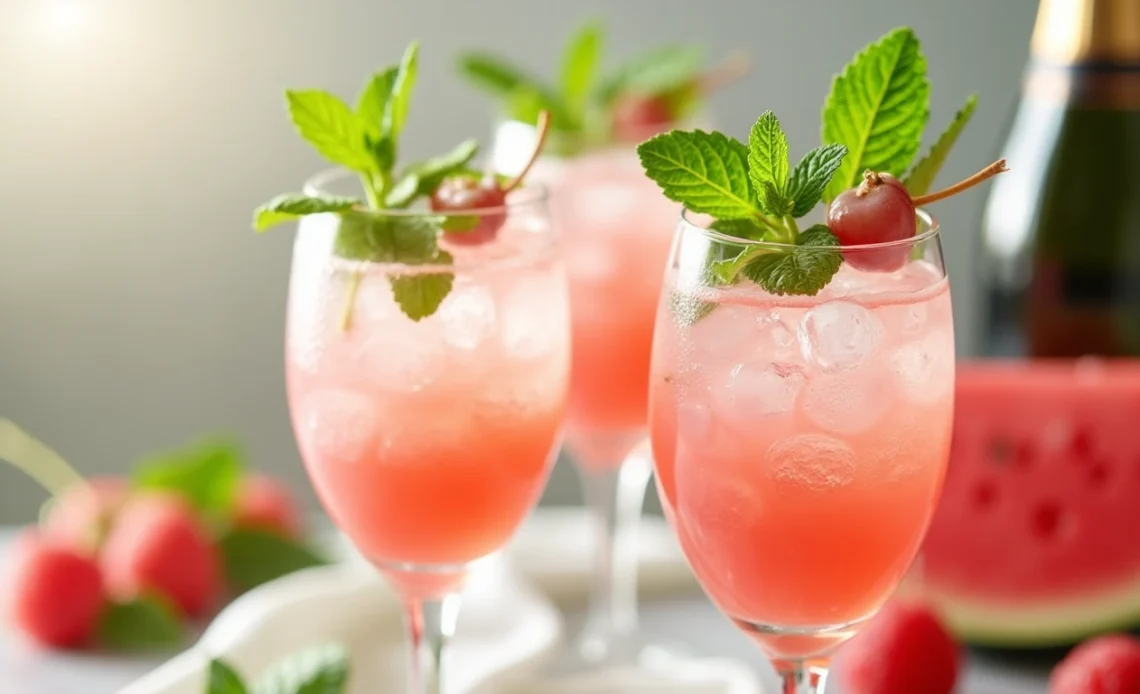 A chilled glass of watermelon mimosa garnished with fresh mint leaves, served alongside a pitcher of the vibrant pink cocktail.